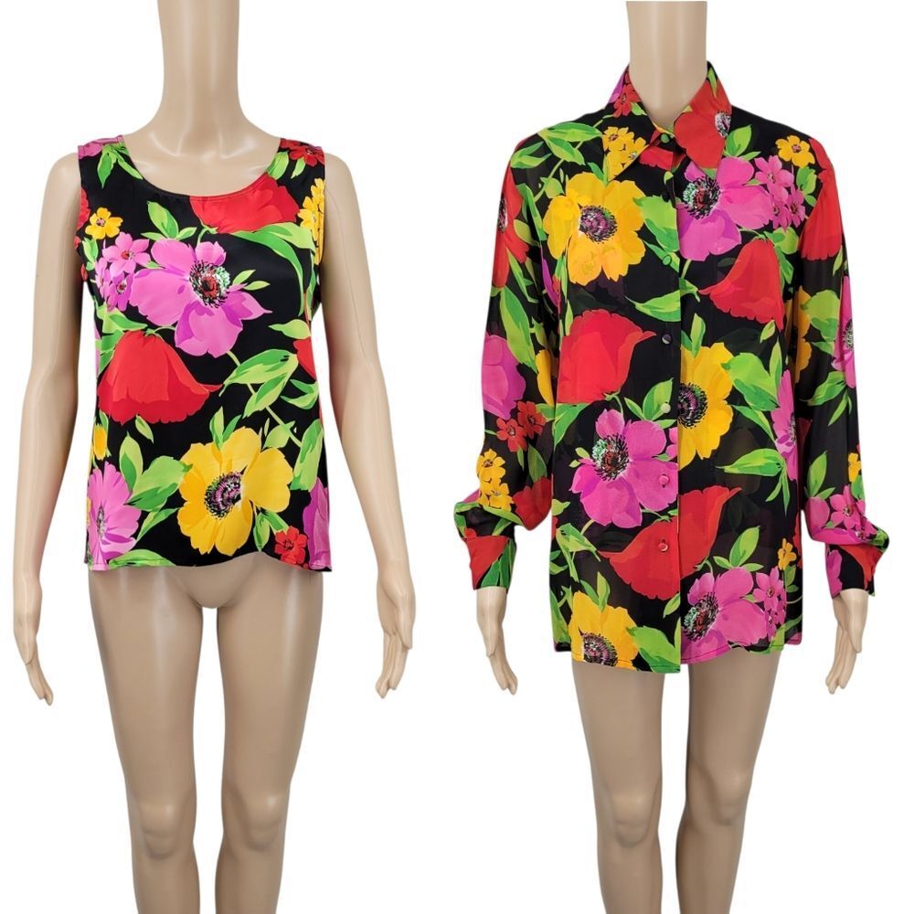 Corey B Silk Vintage Floral Women's Tank Top and Button Down Blouse Long Sleeves